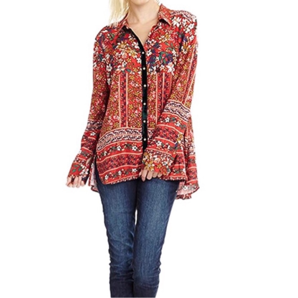 Arrata Silent Journey Button Down Top Sz S Floral Beaded Embroidered Festival